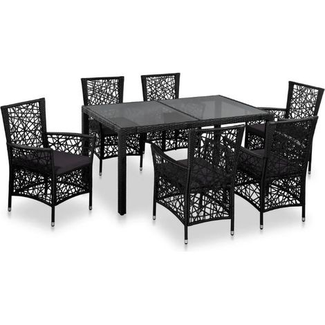 Table rectangulaire et 6 chaises de jardin résine tressée noir coussins gris Kaila (1/5)