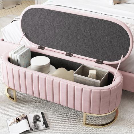 Banc de rangement 120x39,9x43 cm en tissu velours rose, avec rangement, pour salon FloraGrace (1/5)