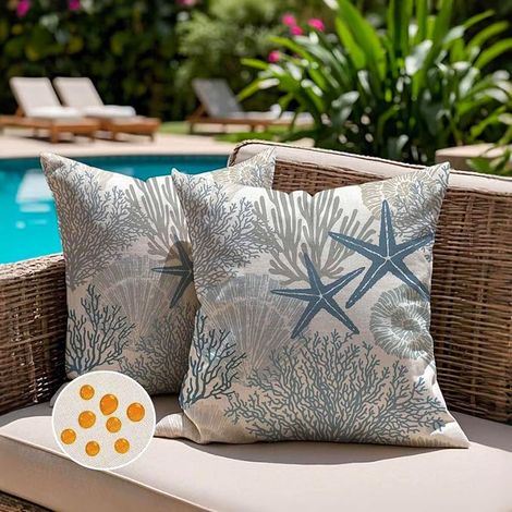 Waterproof Outdoor Cushion Cover 45 x 45 cm Maritime Blue Starfish Shell Coral Summer Spring Decorative Cushion Covers for Garden Living Room Decor (1/5)