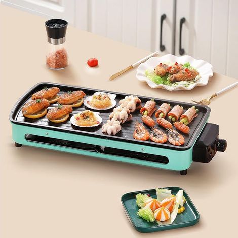 Poêle à griller électrique sans fumée 1400W, plaque de barbecue portable intérieur et extérieur, plancha teppanyaki antiadhésive avec 5 niveaux de réglage de température (1/5)