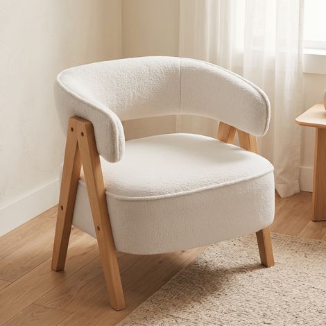 Fauteuil de salon en tissu bouclette, chaise rembourrée, assise large, dossier ergonomique, 70 x 64 x 71 cm, blanc