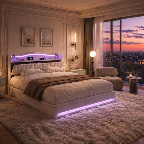 Lit à tiroirs 160x200 cm en velours beige, LED tête de lit, tiroirs, tête avec rangement (1/5)