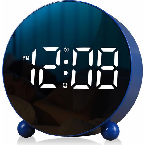 Reloj despertador digital redondo con pantalla LED, pequeño, doble campana, 3 niveles de brillo, silencioso, de mesa, ruidoso, para mesita de noche, dormitorio u oficina, color azul. (1/4)