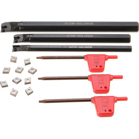 VURAHOME - Jeu d'outils de tournage pour tour à métaux 3 pièces S07K/ S10K/ S12M-SCLCR06 Barres d'alésage 10 pièces CCMT0602 Inserts en carbure 3 clés prune pour l'usinage de petits trous (1/5)