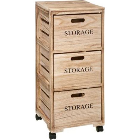 5Five Simply Smart – Commode de rangement 3 tiroirs 82cm en bois Paulownia – Design pratique sur roulettes – Couleur naturelle – Facile d'entretien