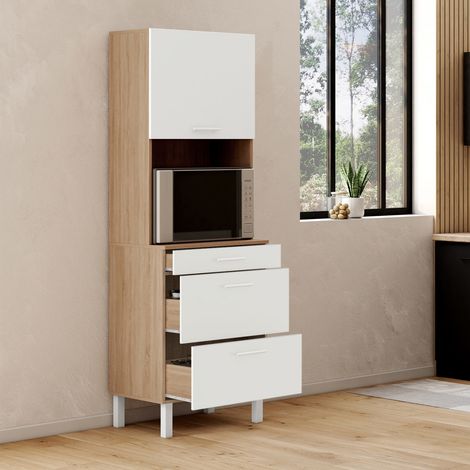 CINA Mueble de 2 puertas para microondas y cacerolas de 60 cm en haya y blanco