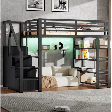 Lit mezzanine 255/145,5/170 cm noir en métal et MDF avec armoire, rangements et éclairage intégré (1/5)