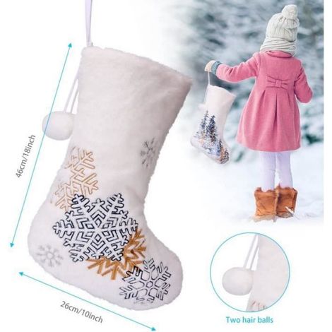Bas de Noël Blanc 2Pcs Bas de Noël en Peluche 18 Pouces Grands Bas de Noël avec Motif Flocon de Neige et Petit Arbre pour Porte-Cade (1/4)