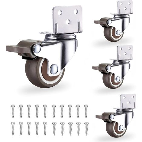 Lot de 4 roulettes pivotantes 25mm avec frein, charge 80kg, +20 vis, pour meubles, bibliothèque, armoire, table. (1/5)