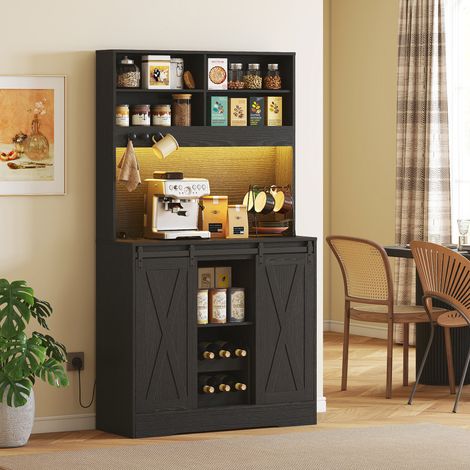 Meuble de Cuisine Haut Style Campagne, 2 Caissons, Range-Bouteilles, Prises USB-C et Éclairage LED, Noir (1/5)