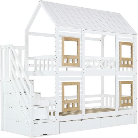 Kinder-Hochbett 90x200 cm mit Stauraumtreppe und Schubladen, weiß und natur (1/5)