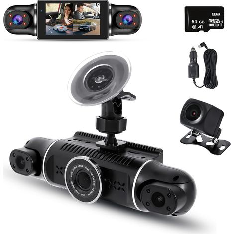 Caméra de tableau de bord 4 canaux, caméra de tableau de bord avant + arrière + gauche + droite pour voitures, caméra rotative à 360 °, carte 64 Go, et Wi-Fi activés, enregistrement en boucle, WD (1/5)