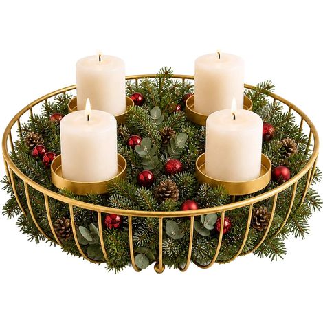 Adventskranzschale aus goldfarbenem Metall, 33 cm Stahlhalter (1/5)