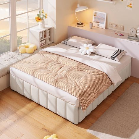 Lit coffre 140x200 cm, rangement hydraulique, cadre de lit rembourré en lin, sans tête de lit, beige, sans matelas (1/5)