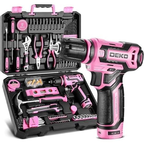 Boîte à Outils Complète 133 Pièces, Perceuse Visseuse 12 V, Rose (1/5)