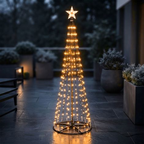 Lichterbaum mit Stern Spitze 150 cm für Außen mit Fernbedienung und Timer - 154 LED - Metall Weihnachtsbaum in schwarz warmweiß mit Lichteffekten