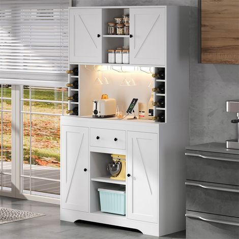 Buffet de Cuisine Blanc avec Éclairage LED et Prises - 105x40x180cm - Meuble Haut avec Porte-Verres et Casier à Vin - Blanc (1/5)