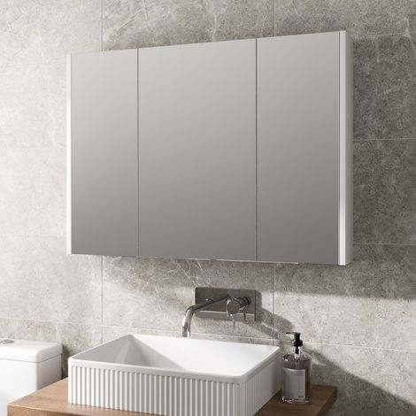 White Bathroom Wall Mirror Cabinet Modern Storage 900mm Three Door