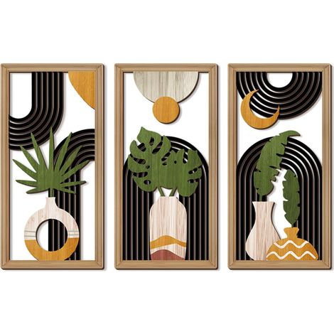 3 articles Sculptures Murales en Bois Décor Boho Chic avec Crochet Sculptures Murales Décoratives en Bois Léger Convient aux Salons, Chambres et Couloirs - 40 x 20 x 0,5 cm (1/5)