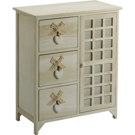 King Home Cassettiera In Legno Di Paulownia 62x31x73h cm 3 Cass. C/Cuore + Anta White Washed (1/4)