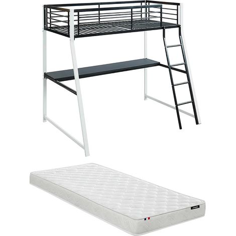 Lit mezzanine MALICIA - 90 x 190 cm - bureau intégré - Noir et blanc + matelas (1/5)