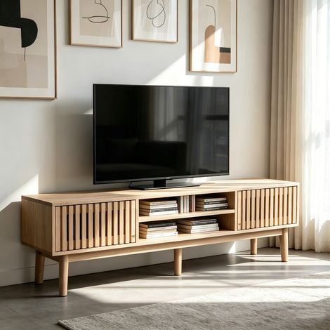 TV-Möbel aus Holz, 150 cm, mit 2 Stauraumschränken und offenen Fächern, Griffen und Beinen aus Massivholz, geeignet für das Wohnzimmer und das Schlafzimmer – Holzfarbe