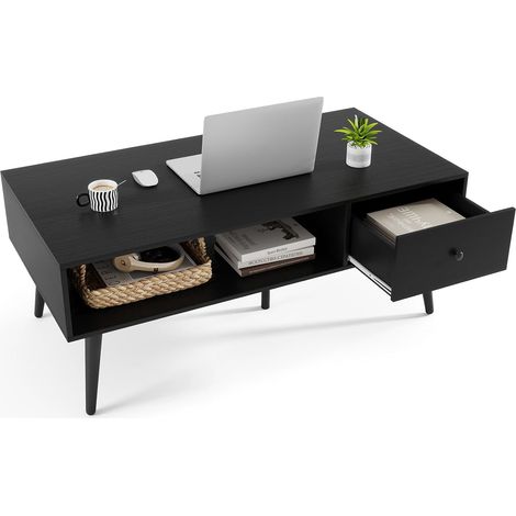 COSTWAY Tavolino da Salotto Rettangolare Design Moderno, Tavolino da Caffè con Cassetto e Mensola Inferiore, Tavolino Basso da Divano con Gambe in Metallo per Soggiorno, 109 x 55 x 42 cm (Nero) (1/4)
