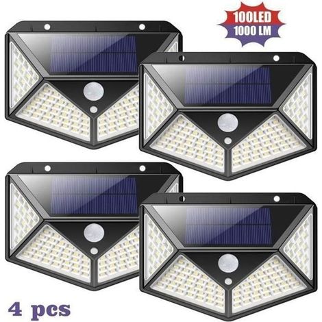 Lampe solaire extérieure 4 Pack 100LED 2200mAh 3 modes Noir - Détecteur de Mouvement (1/4)