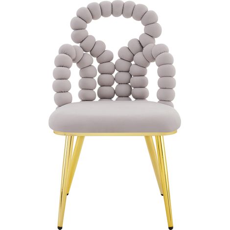 Chaise de salle à manger en velours gris clair avec dossier en chaînes à billes, pieds métalliques dorés stables, lot de 2 (1/5)