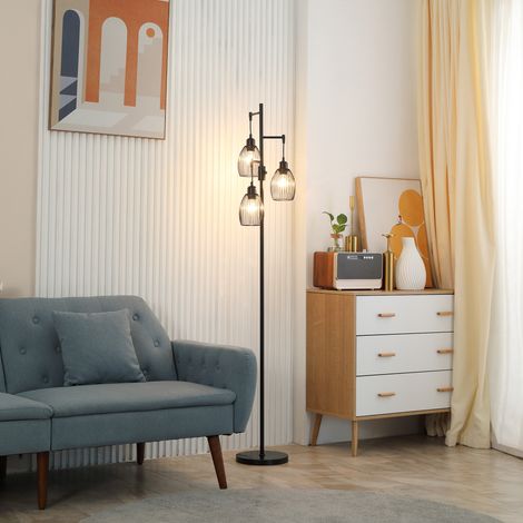 Lampada da terra in stile industriale, max 40W, 3 paralumi in metallo con filo, luminosità regolabile - lampadina E27 - nera