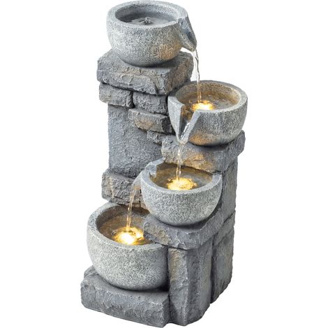4-stufiger Gartenbrunnen mit LED-Kaskade, graue Steinoptik, 28 x 25 x 54,5 cm