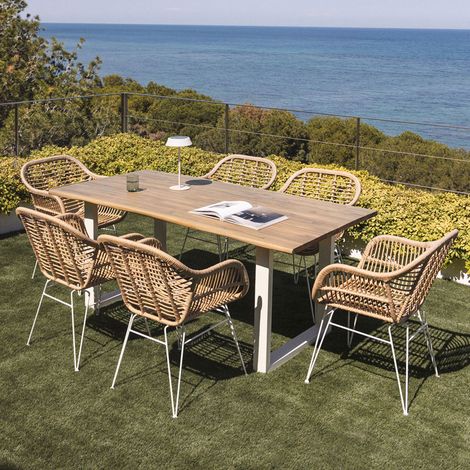 Set tavolo rettangolare 180x90 cm in legno di acacia e acciaio Maupi e 6 sedie da giardino in vimini sintetico Zole SKLUM (1/5)