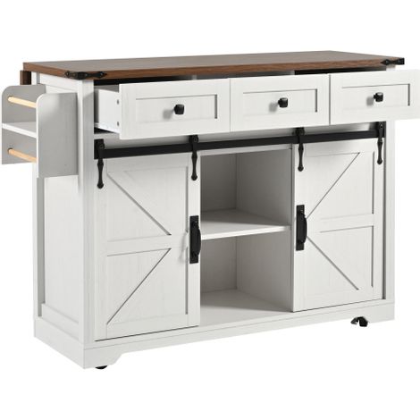Îlot de cuisine, desserte avec plan de travail coulissant, meuble de cuisine, chariot de cuisine, desserte pour îlot de cuisine, desserte à quatre portes et deux tiroirs, desserte à quatre portes en i