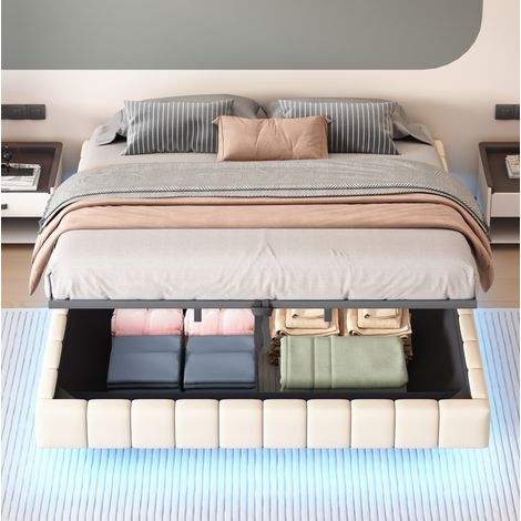 Lit coffre rembourré en lin beige 180x200 cm avec LED, sans tête de lit, sommier à lattes (1/5)