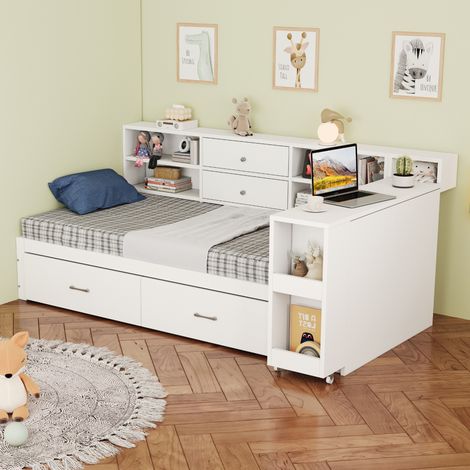 CHICFURN Cama individual 90x200 cm de madera blanca con almacenaje y escritorio (1/5)