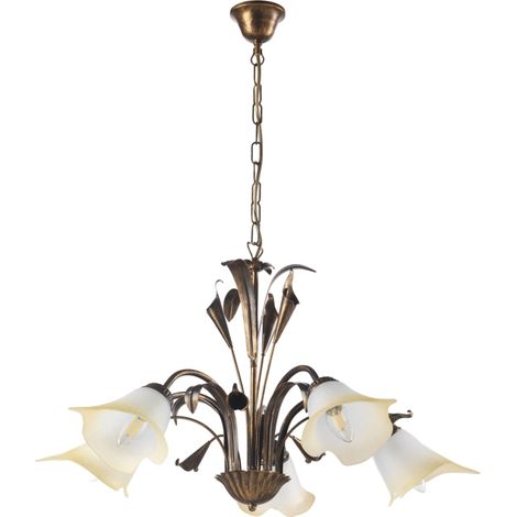 ONLI - Lampadario 5 luci in metallo marrone spennellato oro con vetri bianchi sfumati ambra (1/10)