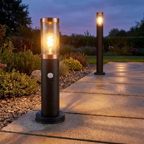 Lampe de chemin avec détecteur de mouvement, lampe de jardin, lampadaire d'extérieur, acier inoxydable, accent cuivre, fumée noire, E27, lot de 2 (1/5)