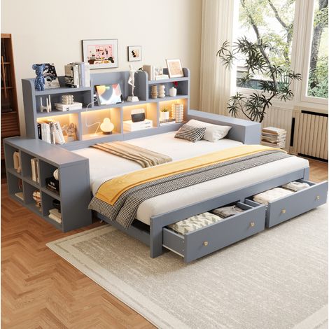 Divano letto estraibile 90x200 cm in legno grigio con contenitore, senza materasso (1/5)