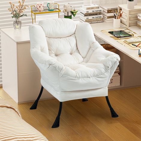 Fauteuil relax structure métallique avec poche latérale style confortable idéal chambre salon balcon dimension 81x40x95cm - Blanc cassé (1/5)