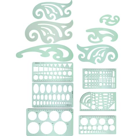 Lot de 12 gabarits de dessin multifonctionnels en plastique pour mesures géométriques et conception de plans. (1/5)