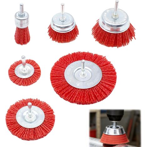 Lot de 6 brosses en nylon pour perceuse, avec tige hexagonale 1/4", 6 tailles, pour enlever la rouille et la corrosion, pour nettoyer et ébavurer sur le métal, le bois, la pierre (6) (1/5)