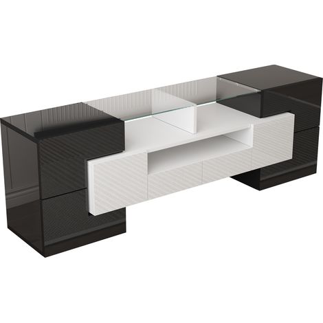 Meuble télé 145 cm, laqué blanc et noir à LED multicolore, banc télévision blanc et noir en panneaux de particules, tiroirs, niche LED et rangements fermés, meuble TV moderne pour salon et séjour (1/5)