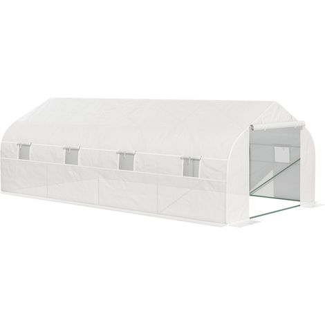 18 m² großes Tunnelgewächshaus, 5,95 x 3 x 2 m, mit Tür und 8 aufrollbaren Fenstern, verzinktem Stahlrahmen, hochdichter PE-Folie, weiß