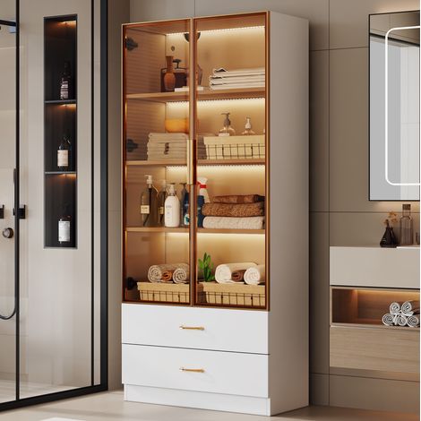 Meuble rangement armoire haute MDF verre trempé blanc OKMYHOME (1/5)