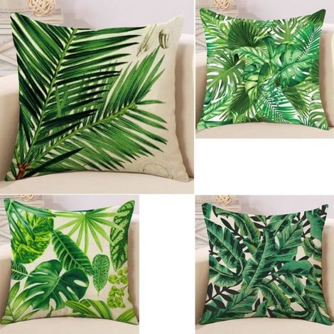 Housse de coussin Plantes Tropicales Motif Lin - 4 PCS - Vert - Rectangulaire - Classique - Intemporel (1/3)