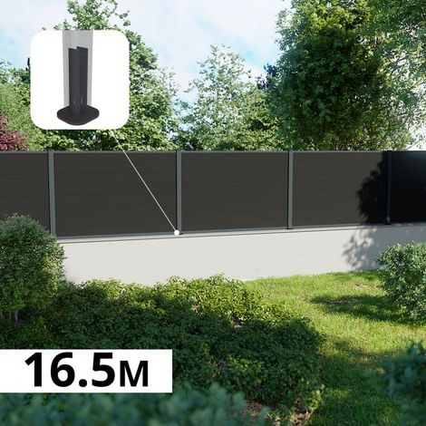 Kit Clôture Composite sur Muret RIO Anthracite 16,5x1,2m - Bois composite & Aluminium - Poteaux sur Platines Gris - Brise vue (1/5)