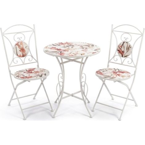 Ensemble de Table et 2 chaises de Jardin en métal et Pierre, Blanc, crème et Vert, 72 x 60 x 60 cm (1/5)