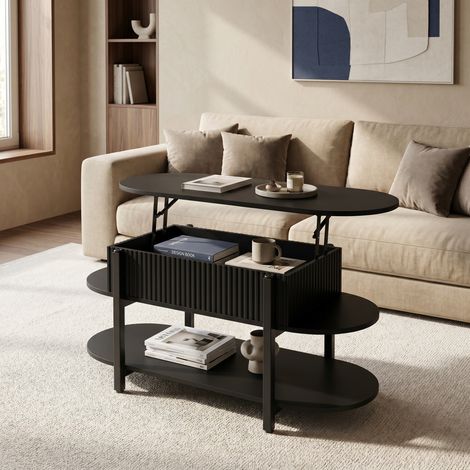 Tavolino da Salotto Elevabile 106 cm, Tavolo con Contenitore e Piano Alzabile Idraulico in Legno e Metallo, Design Moderno Elegante, Nero (1/5)