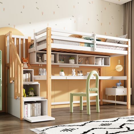 Letto a soppalco per bambini 90x200 cm, letto singolo per adolescenti, scrivania + libreria, scaletta portaoggetti, senza materasso, bianco (1/5)