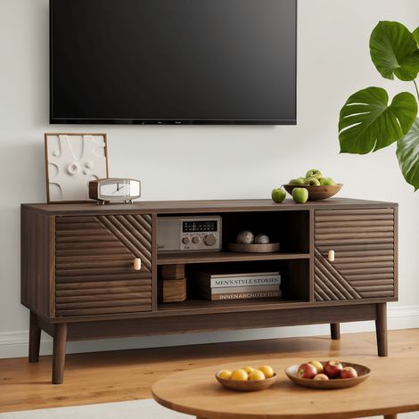 Meuble TV 110 cm –  Pour écrans 32/45 pouces – Rangements intégrés – Console multimédia pour salon ou chambre – Couleur noyer - 110x40x48cm